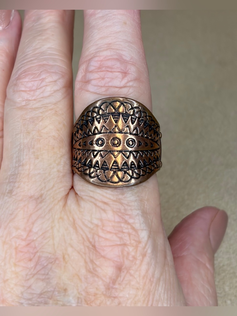 Embossed Copper Tribal Design Statement Ring
